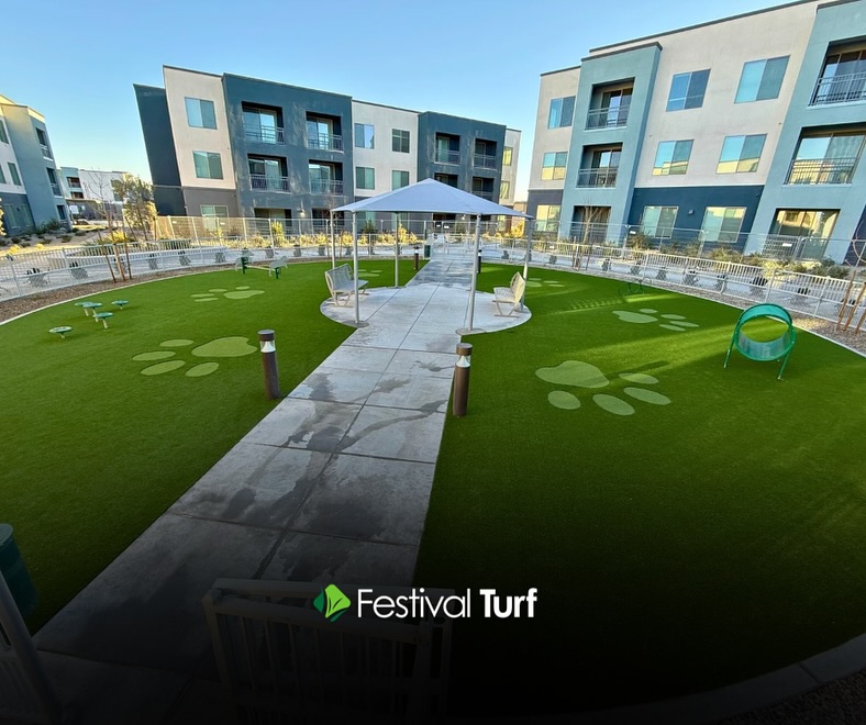 Festival area with artificial turf dog park where dogs play